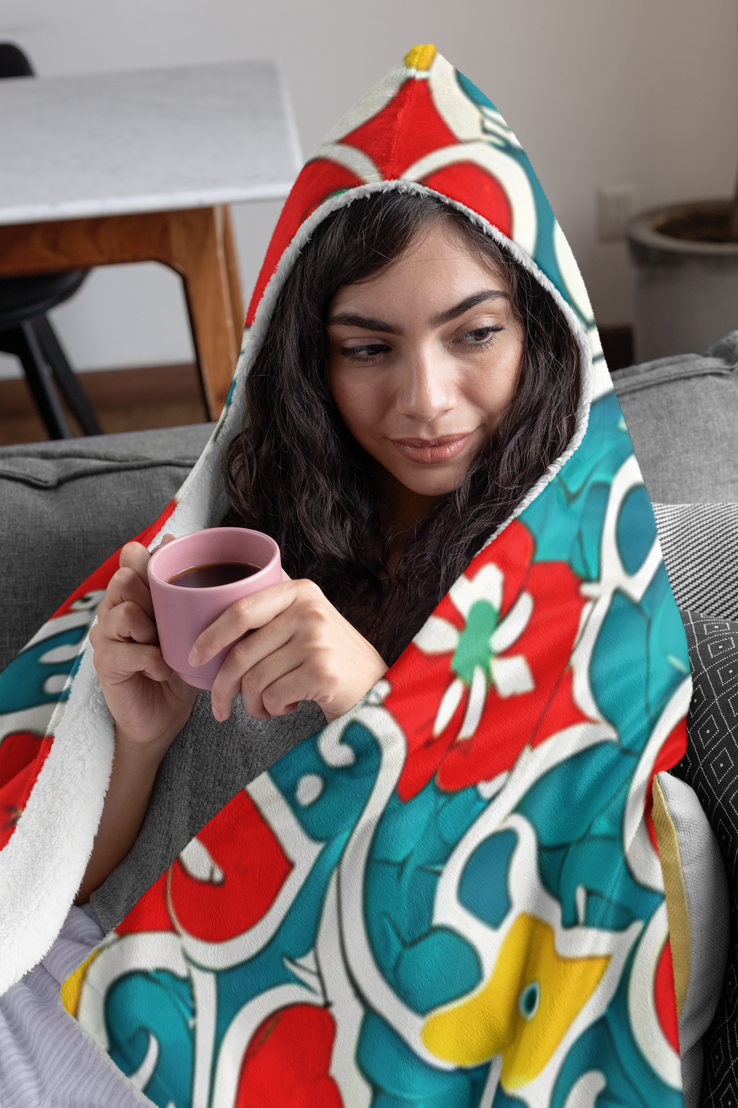 Tibetan pattern Hooded Sherpa Fleece Blanket